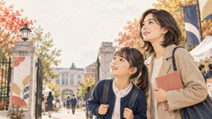 秋の学校見学で校門の前に立つ親子