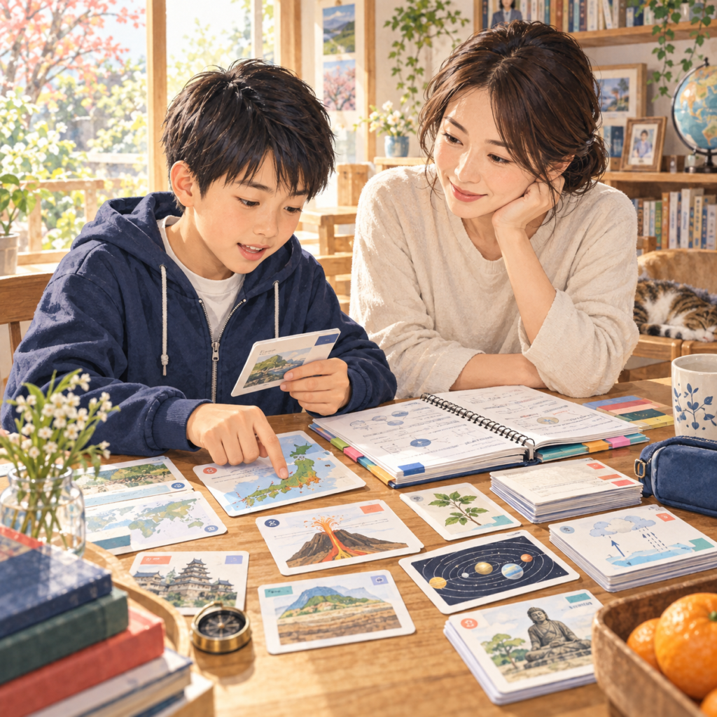 理科社会の間違いカードとノートを親子で整理する小6受験生の家庭学習