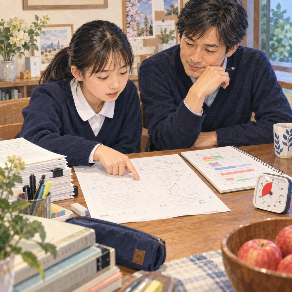 過去問とタイマーを前に、親子で時間の使い方を確認する学習風景