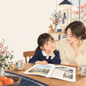 学校案内と通学資料を見ながら見学後の感想を話す親子。