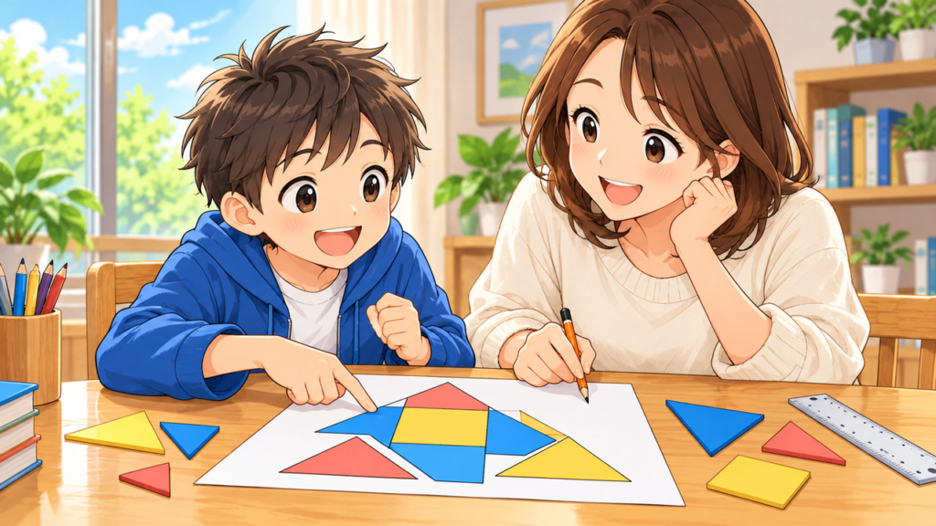 親子が机で色分けした図形を見ながら面積を考えるポップなアニメ調のイラスト