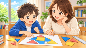 親子が机で色分けした図形を見ながら面積を考えるポップなアニメ調のイラスト