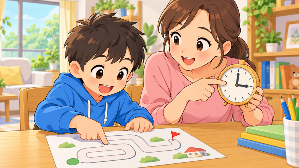 線上の道のりと時計を親子で確認するアニメ調の場面