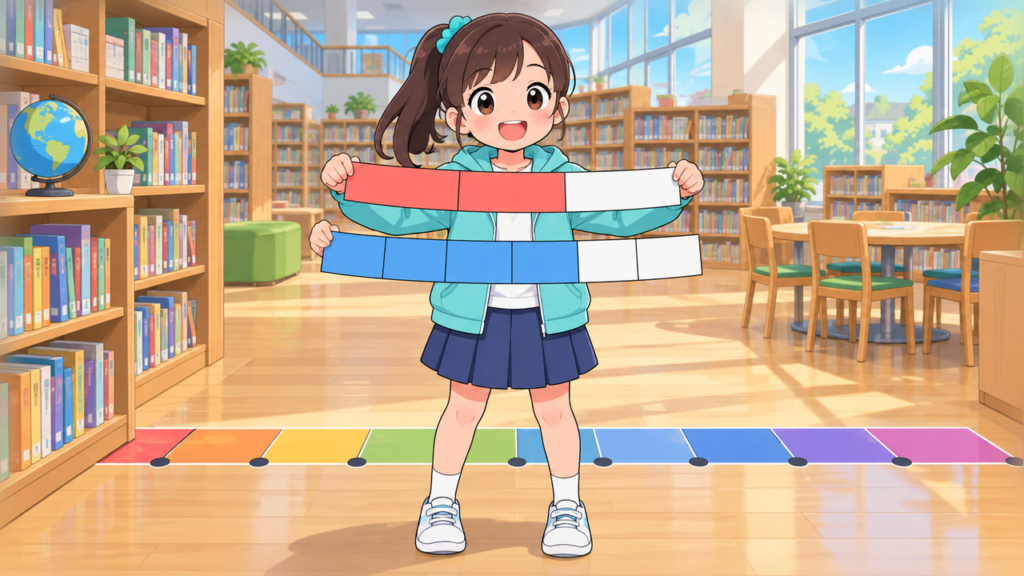 図書室で同じ長さの分数テープを示す女児